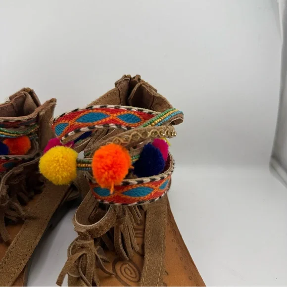 Naughty Monkey Boho Suede Sandals. Size 10 Colorful Pom Pom & Tribal Trim - Picture 2 of 6